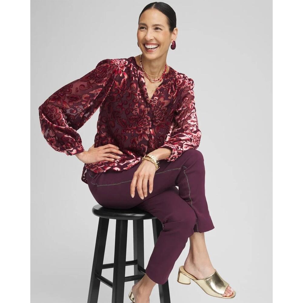 Chico’s Velvet Burnout Blouson Sleeve Button Up Blouse Top Sheer L Red Burgandy